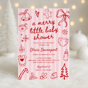 Invitation Fête de bébé Noël rose rouge doodle Merry Little B