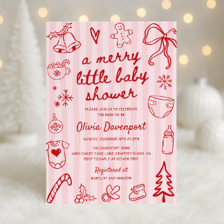 Invitation Fête de bébé Noël rose rouge doodle Merry Little B