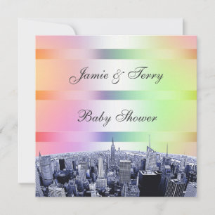 Invitation Fête de bébé NYC Etched Skyline Pastel Rainbow 1