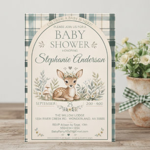 Invitation Fête de bébé « Oh Deer » carreaux de bois de sauge