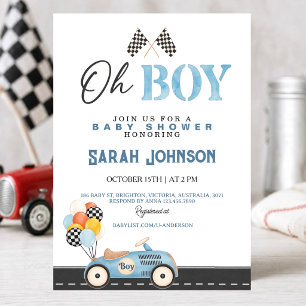 Invitation Fête de Bébé Oh Garçon Bleu Voiture de Course