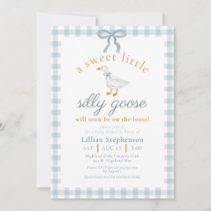 Invitation Fête de Bébé Oie Silly Bleu à Carreaux