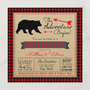 Invitation Fête de bébé ours à carreaux de bison bûcheron pou
