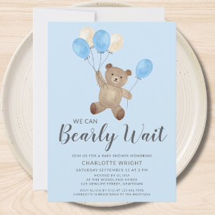 Invitation Fête de bébé ours en peluche bleu garcon que nous 