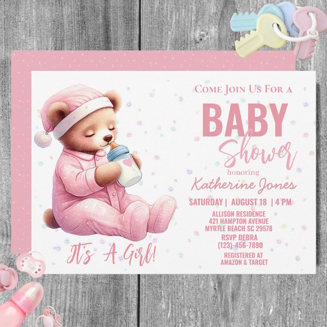 Invitation Fête de bébé ours en peluche Rose Fille  (Créateur téléchargé)
