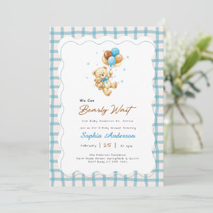 Invitation Fête de Bébé Ourson à Nœud Gingham Élégant