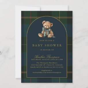 Invitation Fête de bébé Ourson Classique Vert et Carreaux Ble