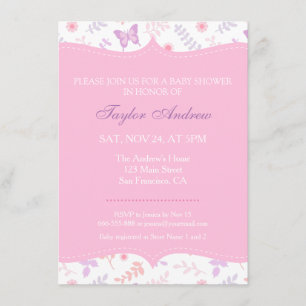Invitation Fête de Bébé Papillon à Motif Floral Élégant