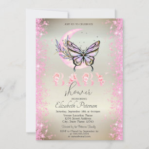 Invitation Fête de Bébé Papillon de Lune Paillettes Confettis