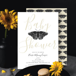 Invitation Fête de bébé papillon pailleté noir élégant crème