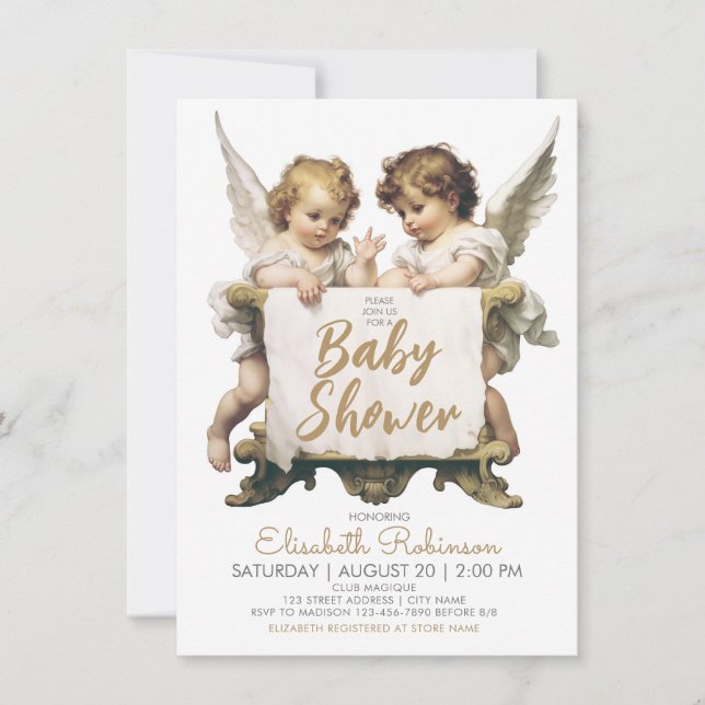 Invitation Fête de bébé personnalisée avec des anges (Devant)