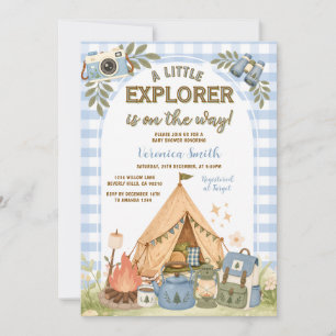 Invitation Fête de Bébé Petit Explorateur Camping Bleu