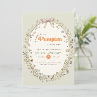 Invitation Fête de bébé Petite Citrouille Fleurie Ruban Rose