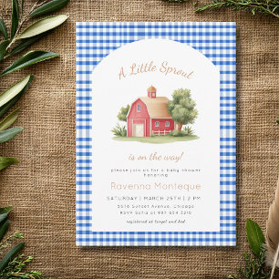 Invitation Fête de Bébé Petite Pousse Bleu Gingham Grange Rou