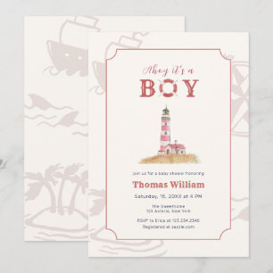 Invitation Fête de bébé phare nautique à l'aquarelle