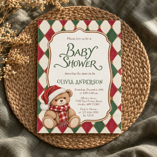 Invitation Fête de bébé préppy ours de Noël vintage