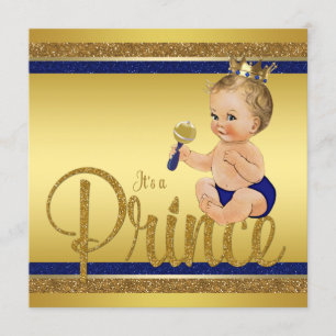 Invitation Fête de Bébé Prince Pailleté Bleu Royal et Or