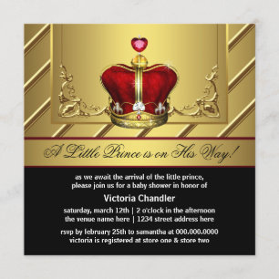 Invitation Fête de bébé Prince Royal Couronne Rouge et Or
