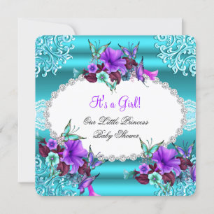 Invitation Fête de bébé princesse fille bleu sarcelle violet 
