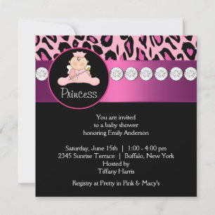 Invitation Fête de Bébé Princesse Léopard Rose Chaud Fille