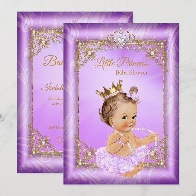 Invitation Fête de bébé Princesse Or Violet Fille (Devant / Derrière)