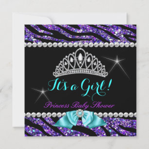 Invitation Fête de bébé princesse Paillettes Violet Turquoise