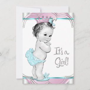Invitation Fête de bébé princesse rose et bleu sarcelle