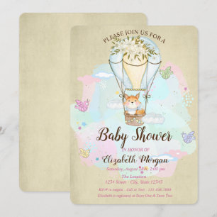 Invitation Fête de bébé renard mignon, ballon aérien, papillo