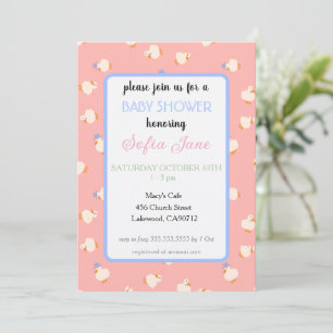 Invitation Fête de Bébé Rose Canards Mignons Illustrés à la M