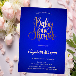 Invitation Fête de Bébé Rose Gold sur Fond Bleu Royal Bébé