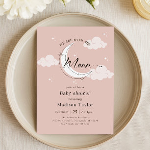 Invitation Fête de Bébé Rose Lune Fantaisiste