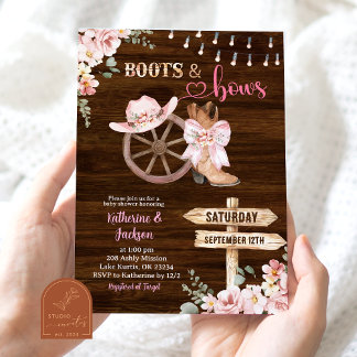 Invitation Fête de bébé Rustique Bois Floral Bottes et Rubans