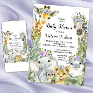 Invitation Fête de bébé Safari Fille Fleurs Violettes