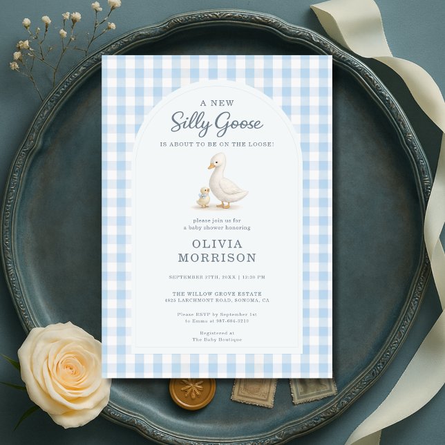 Invitation Fête de bébé Silly Goose Blue Gingham (Créateur téléchargé)
