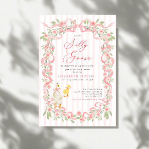Invitation Fête de Bébé Silly Goose Rose Florale Ruban Rose
