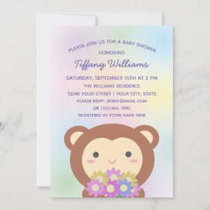 Invitation Fête de bébé singe mignon et fleurs pour bébé de g