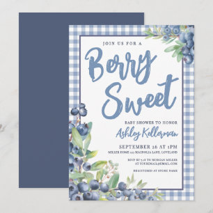 Invitation Fête de Bébé Sucrée aux Myrtilles à Carreaux Bleus