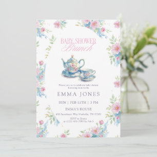 Invitation Fête de Bébé sur le Thé Floral Rose Bleu