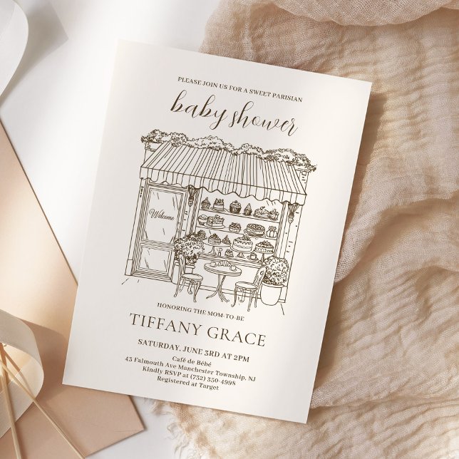 Invitation Fête de bébé sur le thème de Paris, pâtisserie fra (Créateur téléchargé)