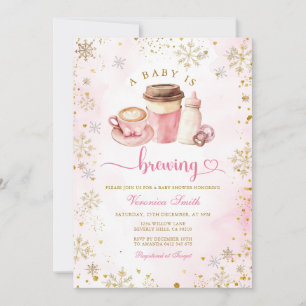 Invitation Fête de Bébé Tasse de Café Rose Flocons de Neige d