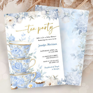 Invitation Fête de bébé Tea Party Garçon Floral Bleu Poussiér