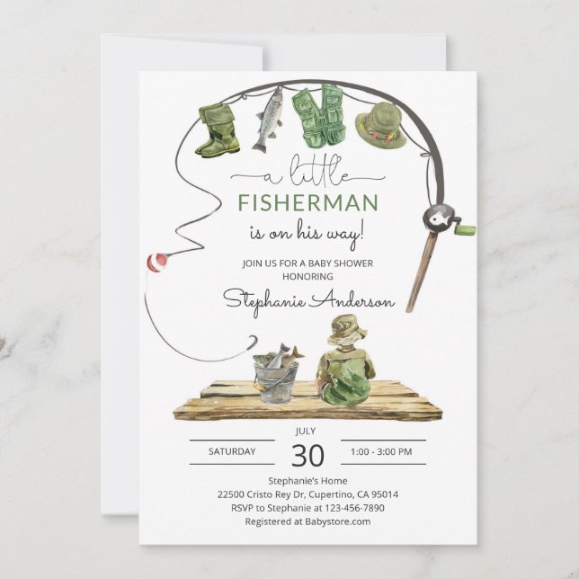 Invitation Fête de Bébé Thème Pêche Rustique (Devant)