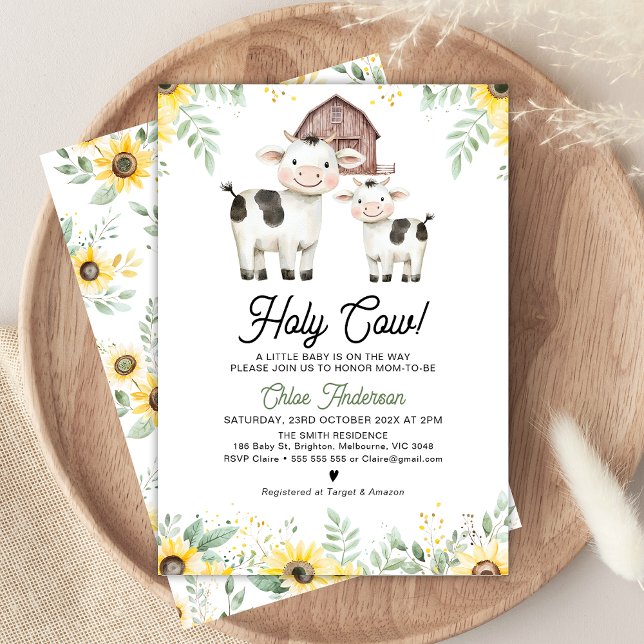 Invitation Fête de bébé thème tournesols vache sacrée mixte (Holy Cow Baby Shower Invitation, Gender Neutral Cow Themed Baby Shower Invitation, Cow and Calf)