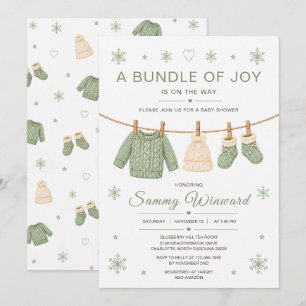 Invitation Fête de Bébé Tissé en Vert Sauge pour l'Hiver