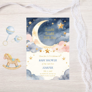 Invitation Fête de Bébé Twinkle Little Star à l'aquarelle