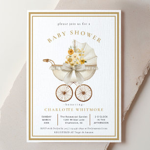 Invitation Fête de Bébé Vintage avec Landau   Fleurs Ivoire e