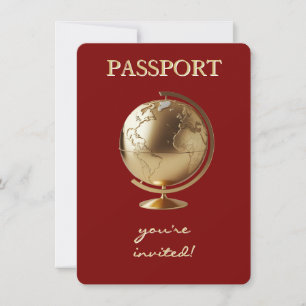 Invitation Fête de bébé voyage Passeport Globe Doré