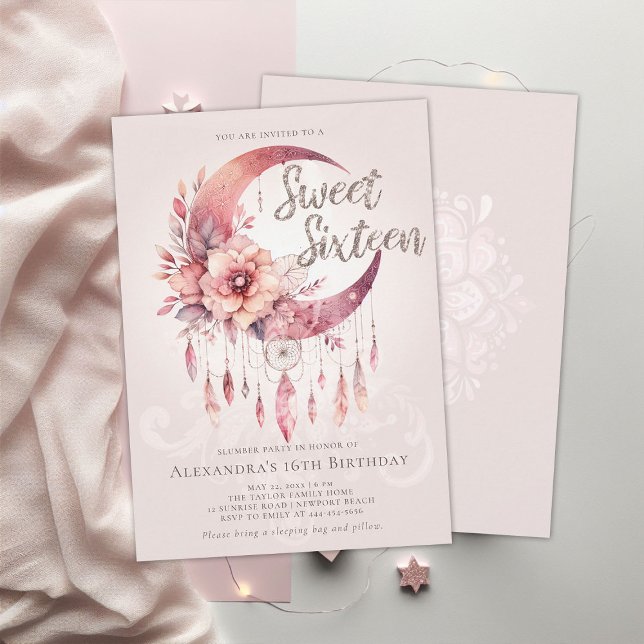 Invitation Fête de bois Boho Dreamcatcher Crystals Sweet 16 (sweet 16 sleepover party idea boho dreamcatcher crystals pink gold calligraphy pj pajama slumber)