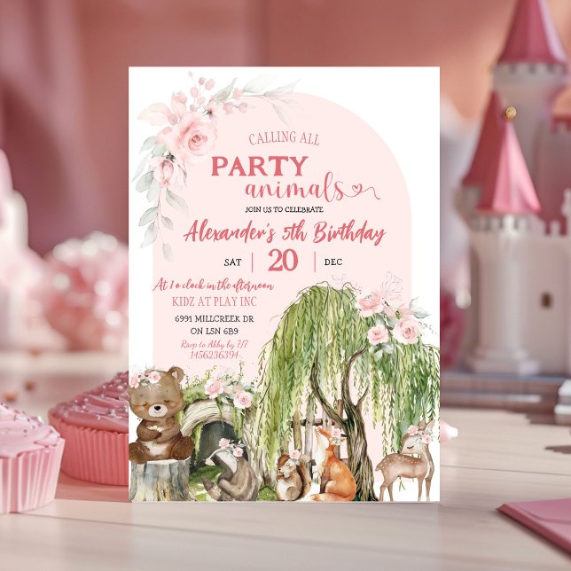 Invitation Fête de bois rose pâle Animaux Fille Anniversaire (Créateur téléchargé)