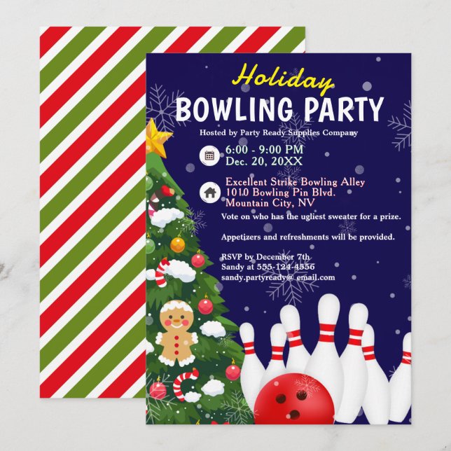 Invitation Fête de bowling de Noël Arbre Arrière - plan bleu (Devant / Derrière)